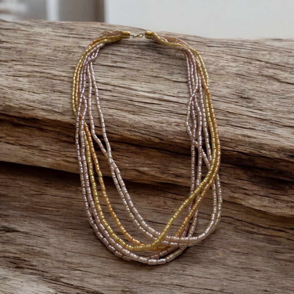Elegant Gold and Pink Creamy Faux Freshwater Pearl Beaded Necklace